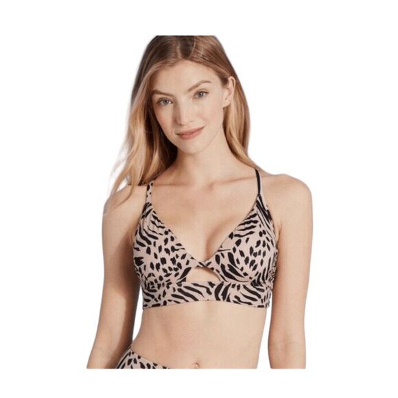 Shade & Shore Longline Cut Out Bikini Top Tan Black Animal Print Swimsuit 36D - Picture 1 of 10